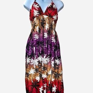 Tropical Ombre Halter Maxi Dress in Red, Purple & Tan With A Pocket